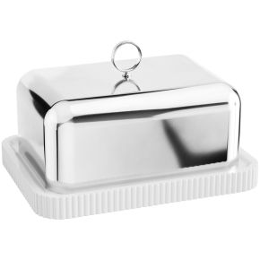 Georg Jensen Bernadotte Butterdose H 9,4 cm B 11,2 cm L 14,7 cm Edelstahl poliert & Porzellan